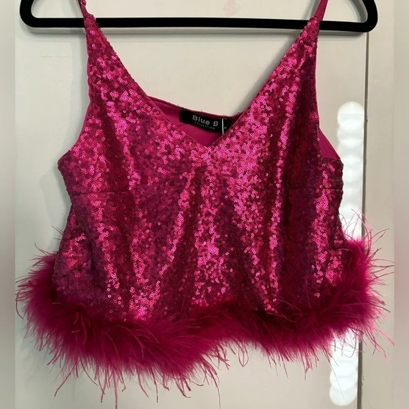 NWT blue b. collection womens hot‎ pink sequin crop top   feather trim Medium - Picture 5 of 6